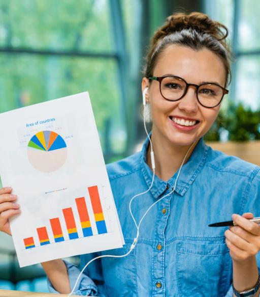 young successful smart lady showing diagrams holdi